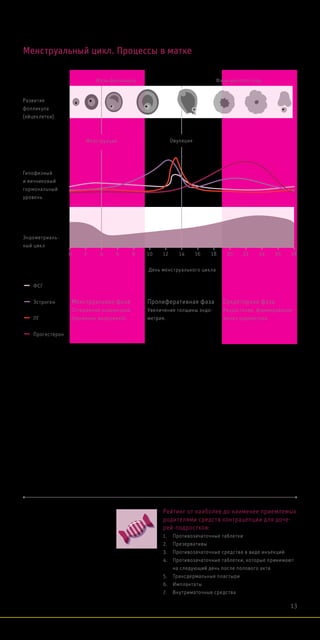 Менструальная фаза
Отторжение эндометрия
(кровяные выделения).
Пролиферативная фаза
Увеличение толщины эндо-
метрия.
Секреторная фаза
Разрастание, формирование
желез эндометрия.
Менструальный цикл. Процессы в матке
Развитие
фолликула
(яйцеклетки)
Гипофизный
и яичниковый
гормональный
уровень
Фазы фолликула
Менструация
ФСГ
Эстроген
ЛГ
Прогестерон
Фазы желтого тела
Эндометриаль-
ный цикл
День менструального цикла
0 842 10 12 14 16 18 20 22 24 26 286
Овуляция
Рейтинг от наиболее до наименее приемлемых
родителями средств контрацепции для доче-
рей-подростков:
1.	 Противозачаточные таблетки
2.	 Презервативы
3.	 Противозачаточные средства в виде инъекций
4.	 Противозачаточные таблетки, которые принимают
на следующий день после полового акта
5.	 Трансдермальные пластыри
6.	 Имплантаты
7.	 Внутриматочные средства
13
 