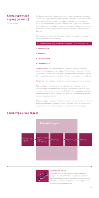 Это физиологический переходный период в жизни женщины от репродук-
тивной фазы с регулярными овуляторными циклами и соответствующими
циклическими изменениями в репродуктивной системе к состоянию
после прекращения менструаций, когда на фоне возрастных изменений
всего организма преобладает старение репродуктивной системы, которое
выражается сначала в прекращении детородной, а затем и менструальной
функции.
Прекращение менструаций (и репродуктивного периода) — менопауза —
происходит в возрасте 45–55 лет.
Пременопауза — это период от начала затухания функции яичников
до полного прекращения менструаций, который характеризуется резким
снижением способности к зачатию и изменением характера менструаций.
Этот период обычно начинается в 40–45 лет и продолжается от 2 до 8 лет.
Менопауза — это последняя самостоятельная менструация в жизни женщины.
Постменопауза — это период от последней менструации до полного
прекращения функции яичников, который предшествует старости. Дли-
тельность постменопаузы составляет 5–6 лет. В этот период время от вре-
мени женщина еще может замечать циклические изменения в организме,
но менструация не приходит.
Перименопауза — период от появления первых климактерических симпто-
мов (изменение менструального цикла, симптомы эстроген-дефицитного
состояния) до 2 лет после последней самостоятельной менструации.
Климактерический
период (климакс)
От 45-55 лет
Фертильный
период
Пременопауза
(переход
к менопаузе)
Менопауза Постменопауза Старость
Климактерический период
Перименопауза
Индийский метод
Оригинальный метод предохранения применяли
индусы. Они смещали матку вперед или назад, мас-
сируя или надавливая на переднюю брюшную стенку.
Метод был достаточно популярен в голландских коло-
ниальных владениях в Индии.
В климактерическом периоде выделяют следующие фазы:
1. Пременопауза
2. Менопауза
3. Постменопауза
4. Перименопауза
21
 