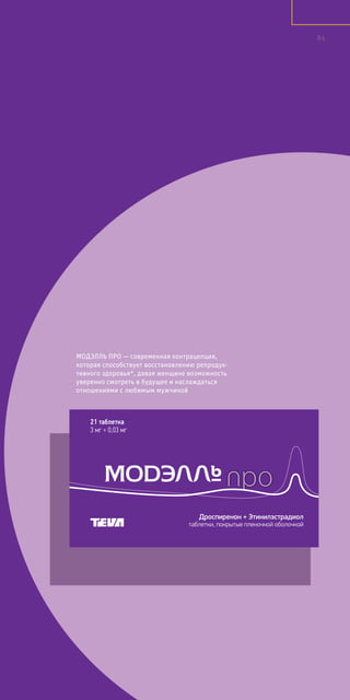 МОДЭЛЛЬ ПРО — современная контрацепция,
которая способствует восстановлению репродук-
тивного здоровья*, давая женщине возможность
уверенно смотреть в будущее и наслаждаться
отношениями с любимым мужчиной
Дроспиренон + Этинилэстрадиол
таблетки, покрытые пленочной оболочкой
21 таблетка
3 мг + 0,03 мг
84
 