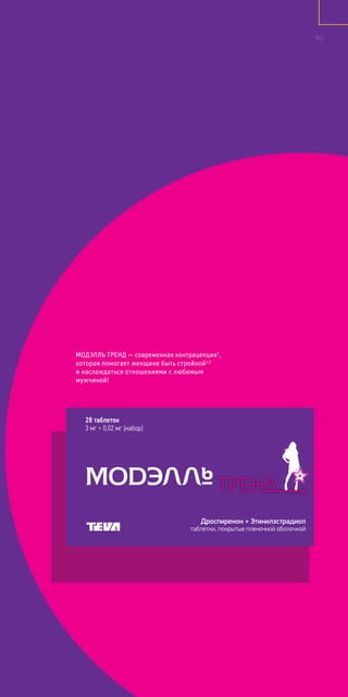 МОДЭЛЛЬ ТРЕНД — современная контрацепция3
,
которая помогает женщине быть стройной1,2
и наслаждаться отношениями с любимым
мужчиной!
28 таблеток
3 мг + 0,02 мг [набор]
Дроспиренон + Этинилэстрадиол
таблетки, покрытые пленочной оболочкой
90
 