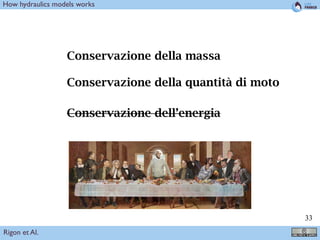 !33
How hydraulics models works
Conservazione della massa
Conservazione della quantità di moto
Conservazione dell’energia
Rigon et Al.
 