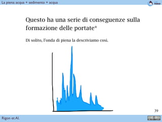 !39
Questo ha una serie di conseguenze sulla
formazione delle portate*
Di solito, l’onda di piena la descriviamo così.
Rigon et Al.
La piena: acqua + sedimento + acqua
 