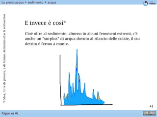 !41
E invece è così*
Cioè oltre al sedimento, almeno in alcuni fenomeni estremi, c’è
anche un “surplus” di acqua dovuto al rilascio delle colate, il cui
detrito è fermo a monte.
*L’idea,tuttadaprovare,èdiAronneArmaniniediolasottoscrivo
Rigon et Al.
La piena: acqua + sedimento + acqua
 
