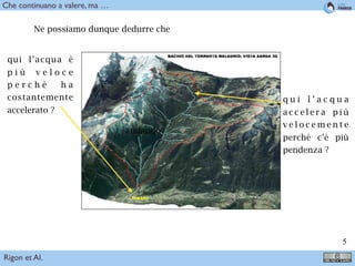 !5
che nasce in Val Rendena, attraversa Passo Carlo Magno dove si unisce con il Rio Campo Carlo
Magno e scende verso la Val di Sole. In quest’ultimo tratto conﬂuiscono nel Meledrio diversi rii di
dimensioni considerevoli sia in destra che in sinistra orograﬁca.
Sul conoide del Torrente Meledrio si trovano gli abitati di Pellizzano, ad ovest, e di Carciato ad
est che occupano circa il 20% dell’area dell’intero conoide, aree della stessa entità sono destinate
ad attività agricole e ricreative.
Figure 1: Bacino del Torrente Meledrio: vista aerea 3D
2 Analisi geologica
Ne possiamo dunque dedurre che
qui l’acqua è
p i ù v e l o c e
p e r c h è h a
costantemente
accelerato ?
q u i l ’ a c q u a
a c c e l e r a p i ù
v e l o c e m e n t e
perchè c’è più
pendenza ?
andando
Rigon et Al.
Che continuano a valere, ma …
 