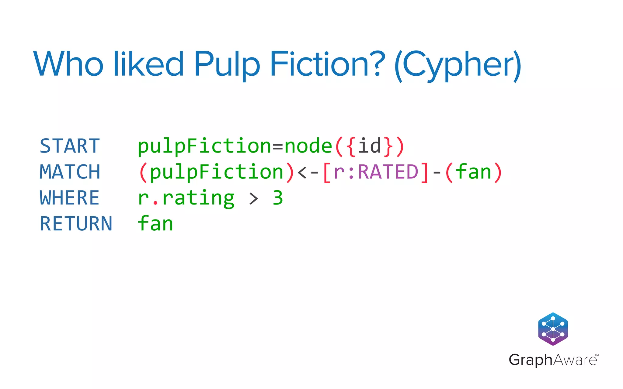 GraphAware
TM
START	
  	
  	
  pulpFiction=node({id})
MATCH	
  	
  	
  (pulpFiction)<-­‐[r:RATED]-­‐(fan)
WHERE	
  	
  	
  r.rating	
  >	
  3
RETURN	
  	
  fan
Who liked Pulp Fiction? (Cypher)
 
