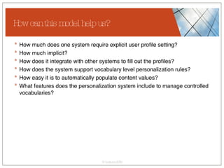 How can this model help us? How much does one system require explicit user profile setting?  How much implicit? How does it integrate with other systems to fill out the profiles? How does the system support vocabulary level personalization rules? How easy it is to automatically populate content values? What features does the personalization system include to manage controlled vocabularies? 