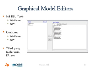 Graphical Model Editors
 MS DSL Tools
    WinForms
    WPF


 Custom:
    WinForms
    WPF


 Third party
  tools: Visio,
  EA, etc.

                    © Icinetic 2012   19
 