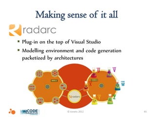 Making sense of it all
 Radarc
   Plug-in on the top of Visual Studio
   Modelling environment and code generation
    packetized by architectures




                      © Icinetic 2012           45
 