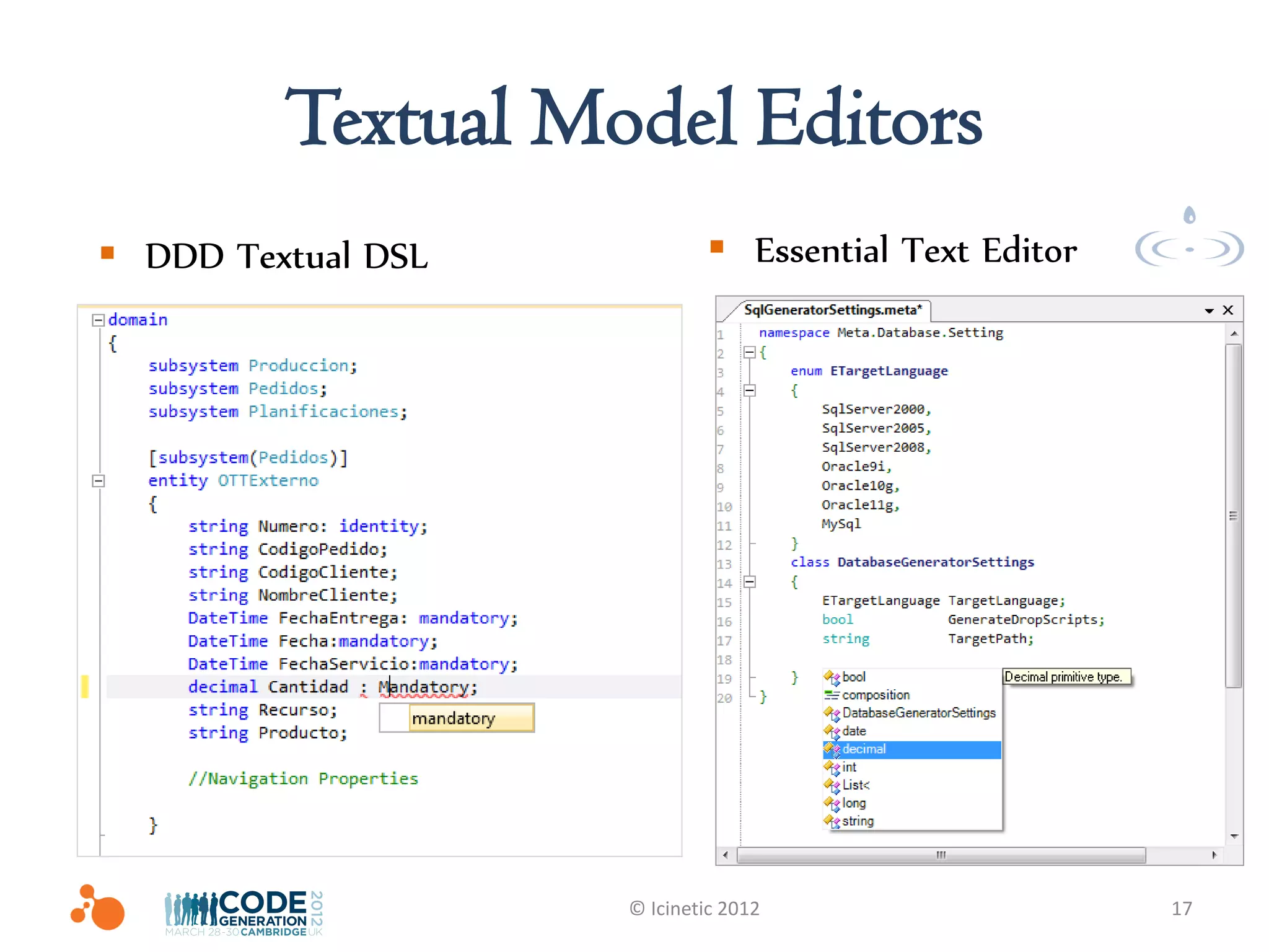 Textual Model Editors
 DDD Textual DSL            Essential Text Editor




                    © Icinetic 2012                   17
 