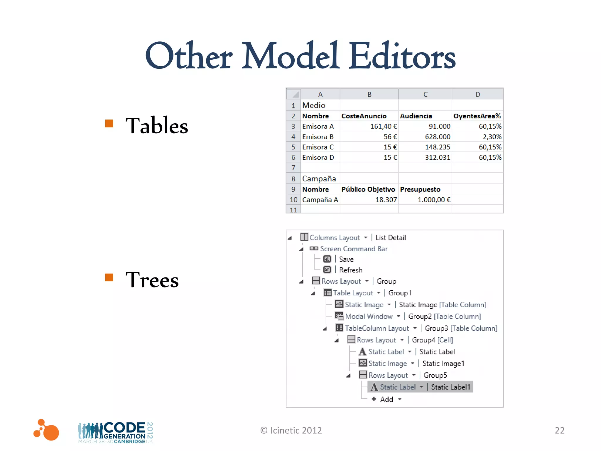 Other Model Editors
 Tables




 Trees




           © Icinetic 2012   22
 