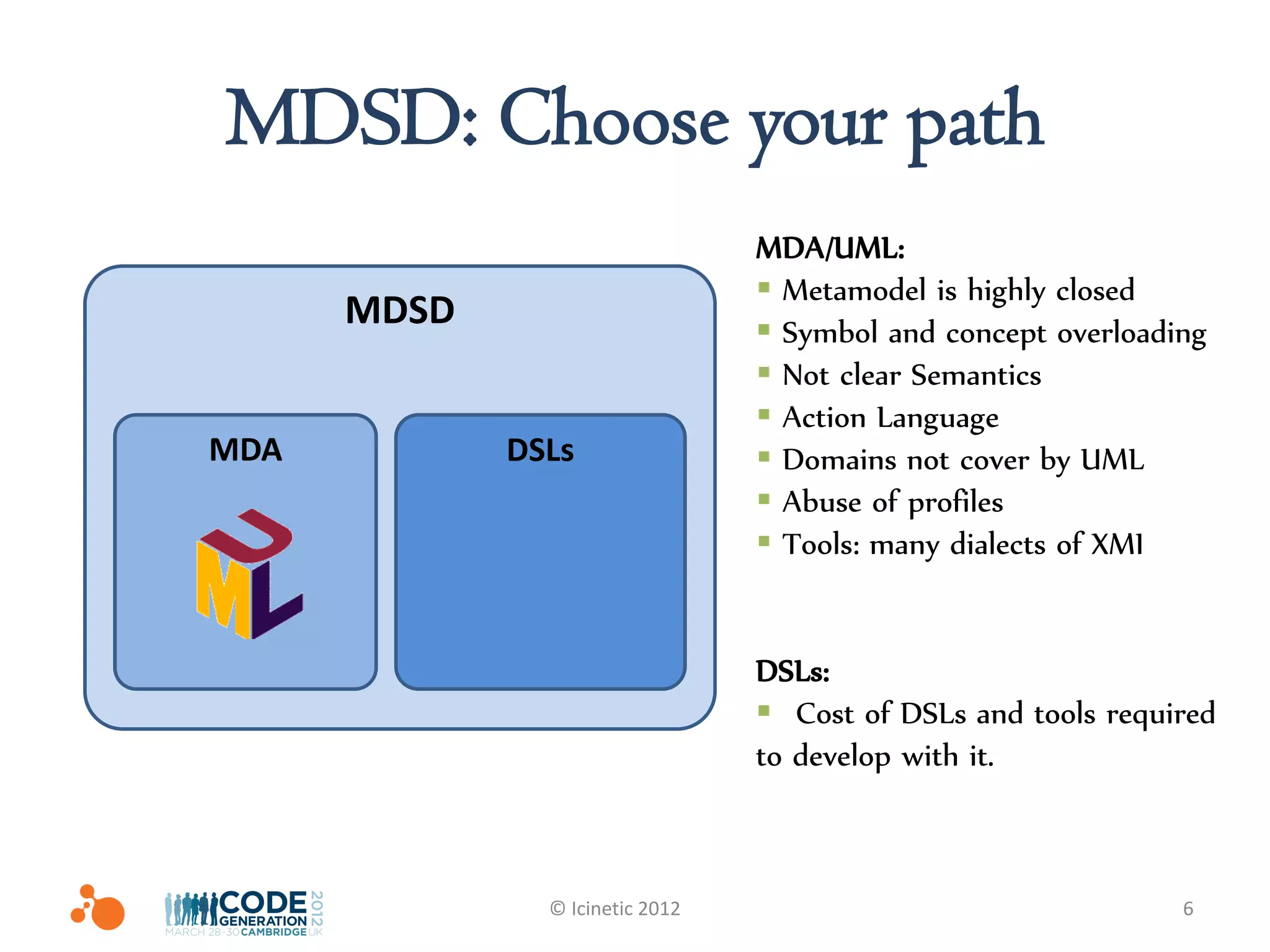 MDSD: Choose your path
                                 MDA/UML:
                                  Metamodel is highly closed
      MDSD                        Symbol and concept overloading
                                  Not clear Semantics
                                  Action Language
MDA          DSLs                 Domains not cover by UML
                                  Abuse of profiles
                                  Tools: many dialects of XMI


                                 DSLs:
                                  Cost of DSLs and tools required
                                 to develop with it.



               © Icinetic 2012                                 6
 