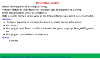 Descriptive models
Models for unsupervised learning(clustering).
No target feature or single feature of interest in case of unsupervised learning.
Which group together similar data instances.
Data instances having a similar value of the different features are called clustering models.
Examples:
❖ Customer grouping or segmentation based on social, demographic, ethnic,
❖ etc. factors
❖ Grouping of music based on different aspects like genre, language, time_x0002_period,
etc.
❖ Grouping of commodities in an inventory
Models:
K-means
Dr.M.Pyingkodi, AP(Sr.Gr), Dept of MCA, Kongu Engineering College, Erode, Tamilnadu, India
 