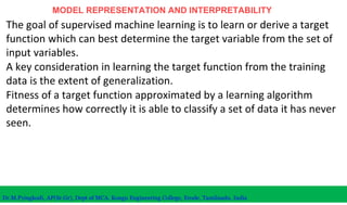 MODEL REPRESENTATION AND INTERPRETABILITY
The goal of supervised machine learning is to learn or derive a target
function which can best determine the target variable from the set of
input variables.
A key consideration in learning the target function from the training
data is the extent of generalization.
Fitness of a target function approximated by a learning algorithm
determines how correctly it is able to classify a set of data it has never
seen.
Dr.M.Pyingkodi, AP(Sr.Gr), Dept of MCA, Kongu Engineering College, Erode, Tamilnadu, India
 