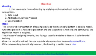 Modelling
Modeling
It tries to emulate human learning by applying mathematical and statistical
formulations.
1. Data Input
2. Abstraction(Learning Process)
3. Generalization
Model
•This structured representation of raw input data to the meaningful pattern is called a model.
•when the problem is related to prediction and the target field is numeric and continuous, the
regression model is assigned.
•The process of assigning a model, and fitting a specific model to a data set is called model
training.
•Once the model is trained, the raw input data is summarized into an abstracted form.
•If the outcome is systematically incorrect, the learning is said to have a bias.
Dr.M.Pyingkodi, AP(Sr.Gr), Dept of MCA, Kongu Engineering College, Erode, Tamilnadu, India
 