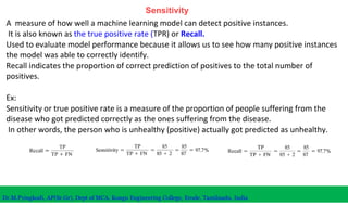 Sensitivity
A measure of how well a machine learning model can detect positive instances.
It is also known as the true positive rate (TPR) or Recall.
Used to evaluate model performance because it allows us to see how many positive instances
the model was able to correctly identify.
Recall indicates the proportion of correct prediction of positives to the total number of
positives.
Ex:
Sensitivity or true positive rate is a measure of the proportion of people suffering from the
disease who got predicted correctly as the ones suffering from the disease.
In other words, the person who is unhealthy (positive) actually got predicted as unhealthy.
Dr.M.Pyingkodi, AP(Sr.Gr), Dept of MCA, Kongu Engineering College, Erode, Tamilnadu, India
 