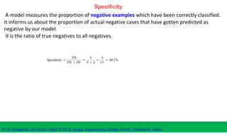Specificity
A model measures the proportion of negative examples which have been correctly classified.
It informs us about the proportion of actual negative cases that have gotten predicted as
negative by our model.
It is the ratio of true negatives to all negatives.
Dr.M.Pyingkodi, AP(Sr.Gr), Dept of MCA, Kongu Engineering College, Erode, Tamilnadu, India
 