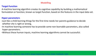 Modelling
Target Function
A machine learning algorithm creates its cognitive capability by building a mathematical
formulation or function, known as target function, based on the features in the input data set.
Hyper-parameters
•Just like a child learning things for the first time needs her parents guidance to decide
whether she is right or wrong,
•In machine learning someone has to provide some non-learnable parameters, also called
hyper-parameters.
•Without these human inputs, machine learning algorithms cannot be successful.
Dr.M.Pyingkodi, AP(Sr.Gr), Dept of MCA, Kongu Engineering College, Erode, Tamilnadu, India
 