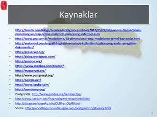 Kaynaklar
• http://binedir.com/blogs/busines-intellgence/archive/2012/05/27/oltp-online-transactional-
processing-ve-olap-online-analytical-processing-sistemler.aspx
• http://www.gna.com.tr/modelleme/68-dimensional-ema-modelleme-temel-kavramlar.html
• http://vestanbul.com/cografi-bilgi-sistemlerinde-kullanilan-baslica-programlar-ve-egitim-
dokumanlari/
• http://geoserver.org/
• http://gislog.wordpress.com/
• http://geojson.org/
• https://www.mapbox.com/tilemill/
• http://mapserver.org/
• http://www.postgresql.org/
• http://postgis.net/
• http://www.iccube.com/
• http://openjump.org/
• PostgreSQL: http://www.gunduz.org/seminer/pg/
• http://www.iszekam.net/?tag=/oltp+ve+olap+farkliliklari
• http://datawarehouse4u.info/OLTP-vs-OLAP.html
• Sözlük: http://workshops.boundlessgeo.com/postgis-intro/glossary.html
12
 