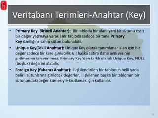 • Primary Key (Birincil Anahtar): Bir tabloda bir alanı yani bir sütunu eşsiz
bir değer yapmaya yarar. Her tabloda sadece bir tane Primary
Key özelliğine sahip sütun bulunabilir.
• Unique Key(Tekil Anahtar): Unique Key olarak tanımlanan alan için bir
değer sadece bir kere girilebilir. Bir başka satıra daha aynı verinin
girilmesine izin verilmez. Primary Key ’den farklı olarak Unique Key, NULL
(boşluk) değerini alabilir.
• Foreign Key (Yabancı Anahtar): İlişkilendirilen bir tablonun belli yada
belirli sütunlarına girilecek değerleri, ilişkilenen başka bir tablonun bir
sütunundaki değer kümesiyle kısıtlamak için kullanılır.
Veritabanı Terimleri-Anahtar (Key)
16
 