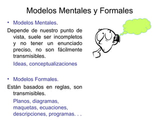 Modelos Mentales y Formales
• Modelos Mentales.
Depende de nuestro punto de
vista, suele ser incompletos
y no tener un enunciado
preciso, no son fácilmente
transmisibles.
Ideas, conceptualizaciones
• Modelos Formales.
Están basados en reglas, son
transmisibles.
Planos, diagramas,
maquetas, ecuaciones,
descripciones, programas. . .
 