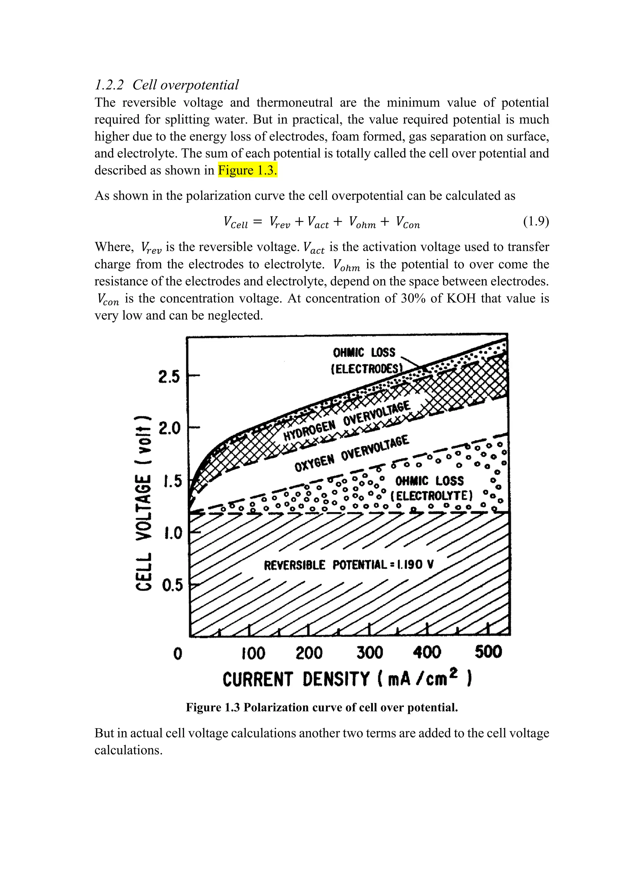 1.2.2 Cell overpotential
The reversible voltage and thermoneutral are the minimum value of potential
required for splitting water. But in practical, the value required potential is much
higher due to the energy loss of electrodes, foam formed, gas separation on surface,
and electrolyte. The sum of each potential is totally called the cell over potential and
described as shown in Figure 1.3.
As shown in the polarization curve the cell overpotential can be calculated as
𝑉𝑉𝐶𝐶𝐶𝐶𝐶𝐶𝐶𝐶 = 𝑉𝑉
𝑟𝑟𝑟𝑟𝑟𝑟 + 𝑉𝑉𝑎𝑎𝑎𝑎𝑎𝑎 + 𝑉𝑉𝑜𝑜ℎ𝑚𝑚 + 𝑉𝑉𝐶𝐶𝐶𝐶𝐶𝐶 (1.9)
Where, 𝑉𝑉
𝑟𝑟𝑟𝑟𝑟𝑟 is the reversible voltage. 𝑉𝑉𝑎𝑎𝑎𝑎𝑎𝑎 is the activation voltage used to transfer
charge from the electrodes to electrolyte. 𝑉𝑉𝑜𝑜ℎ𝑚𝑚 is the potential to over come the
resistance of the electrodes and electrolyte, depend on the space between electrodes.
𝑉𝑉
𝑐𝑐𝑐𝑐𝑐𝑐 is the concentration voltage. At concentration of 30% of KOH that value is
very low and can be neglected.
Figure 1.3 Polarization curve of cell over potential.
But in actual cell voltage calculations another two terms are added to the cell voltage
calculations.
 
