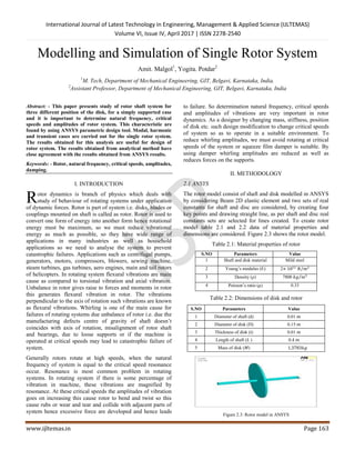 International Journal of Latest Technology in Engineering, Management & Applied Science (IJLTEMAS)
Volume VI, Issue IV, April 2017 | ISSN 2278-2540
www.ijltemas.in Page 163
Modelling and Simulation of Single Rotor System
Amit. Malgol1
, Yogita. Potdar2
1
M. Tech, Department of Mechanical Engineering, GIT, Belgavi, Karnataka, India.
2
Assistant Professor, Department of Mechanical Engineering, GIT, Belgavi, Karnataka, India
Abstract: - This paper presents study of rotor shaft system for
three different position of the disk, for a simply supported case
and it is important to determine natural frequency, critical
speeds and amplitudes of rotor system. This characteristic are
found by using ANSYS parametric design tool. Modal, harmonic
and transient cases are carried out for the single rotor system.
The results obtained for this analysis are useful for design of
rotor system. The results obtained from analytical method have
close agreement with the results obtained from ANSYS results.
Keywords: - Rotor, natural frequency, critical speeds, amplitudes,
damping.
I. INTRODUCTION
otor dynamics is branch of physics which deals with
study of behaviour of rotating systems under application
of dynamic forces. Rotor is part of system i.e. disks, blades or
couplings mounted on shaft is called as rotor. Rotor is used to
convert one form of energy into another form hence rotational
energy must be maximum, so we must reduce vibrational
energy as much as possible, so they have wide range of
applications in many industries as well as household
applications so we need to analyse the system to prevent
catastrophic failures. Applications such as centrifugal pumps,
generators, motors, compressors, blowers, sewing machine,
steam turbines, gas turbines, aero engines, main and tail rotors
of helicopters. In rotating system flexural vibrations are main
cause as compared to torsional vibration and axial vibration.
Unbalance in rotor gives raise to forces and moments in rotor
this generates flexural vibration in rotor. The vibrations
perpendicular to the axis of rotation such vibrations are known
as flexural vibrations. Whirling is one of the main cause for
failures of rotating systems due unbalance of rotor i.e. due the
manufacturing defects centre of gravity of shaft doesn’t
coincides with axis of rotation, misalignment of rotor shaft
and bearings, due to loose supports or if the machine is
operated at critical speeds may lead to catastrophic failure of
system.
Generally rotors rotate at high speeds, when the natural
frequency of system is equal to the critical speed resonance
occur. Resonance is most common problem in rotating
systems. In rotating system if there is some percentage of
vibration in machine, these vibrations are magnified by
resonance. At these critical speeds the amplitudes of vibration
goes on increasing this cause rotor to bend and twist so this
cause rubs or wear and tear and collide with adjacent parts of
system hence excessive force are developed and hence leads
to failure. So determination natural frequency, critical speeds
and amplitudes of vibrations are very important in rotor
dynamics. As a designer by changing mass, stiffness, position
of disk etc. such design modification to change critical speeds
of system so as to operate in a suitable environment. To
reduce whirling amplitudes, we must avoid rotating at critical
speeds of the system or squeeze film damper is suitable. By
using damper whirling amplitudes are reduced as well as
reduces forces on the supports.
II. METHODOLOGY
2.1 ANSYS
The rotor model consist of shaft and disk modelled in ANSYS
by considering Beam 2D elastic element and two sets of real
constants for shaft and disc are considered, by creating four
key points and drawing straight line, as per shaft and disc real
constants sets are selected for lines created. To create rotor
model table 2.1 and 2.2 data of material properties and
dimensions are considered. Figure 2.3 shows the rotor model.
Table 2.1: Material properties of rotor
S.NO Parameters Value
1 Shaft and disk material Mild steel
2 Young’s modulus (E) 2 ⁄
3 Density ( ) 7800 ⁄
4 Poisson’s ratio ( ) 0.33
Table 2.2: Dimensions of disk and rotor
S.NO Parameters Value
1 Diameter of shaft (d) 0.01
2 Diameter of disk (D) 0.15
3 Thickness of disk (t) 0.01
4 Length of shaft ( ) 0.4
5 Mass of disk ( )
Figure 2.3: Rotor model in ANSYS
R
 