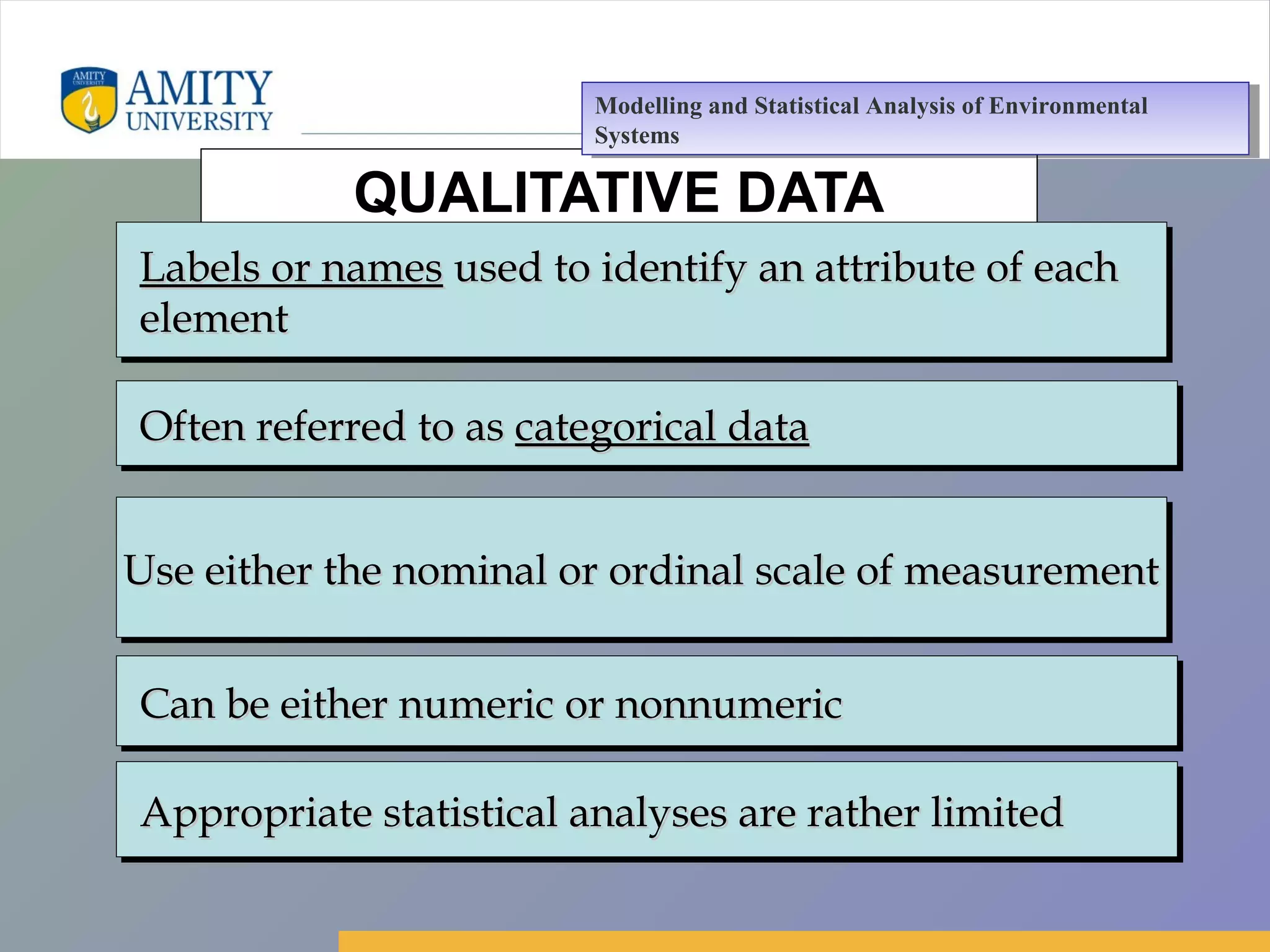 Amity Business School, Noida
QUALITATIVE DATA
Labels or namesLabels or names used to identify an attribute of eachused to identify an attribute of each
elementelement
Labels or namesLabels or names used to identify an attribute of eachused to identify an attribute of each
elementelement
Often referred to asOften referred to as categorical datacategorical dataOften referred to asOften referred to as categorical datacategorical data
Use either the nominal or ordinal scale of measurementUse either the nominal or ordinal scale of measurementUse either the nominal or ordinal scale of measurementUse either the nominal or ordinal scale of measurement
Can be either numeric or nonnumericCan be either numeric or nonnumericCan be either numeric or nonnumericCan be either numeric or nonnumeric
Appropriate statistical analyses are rather limitedAppropriate statistical analyses are rather limitedAppropriate statistical analyses are rather limitedAppropriate statistical analyses are rather limited
Modelling and Statistical Analysis of Environmental
Systems
Modelling and Statistical Analysis of Environmental
Systems
 
