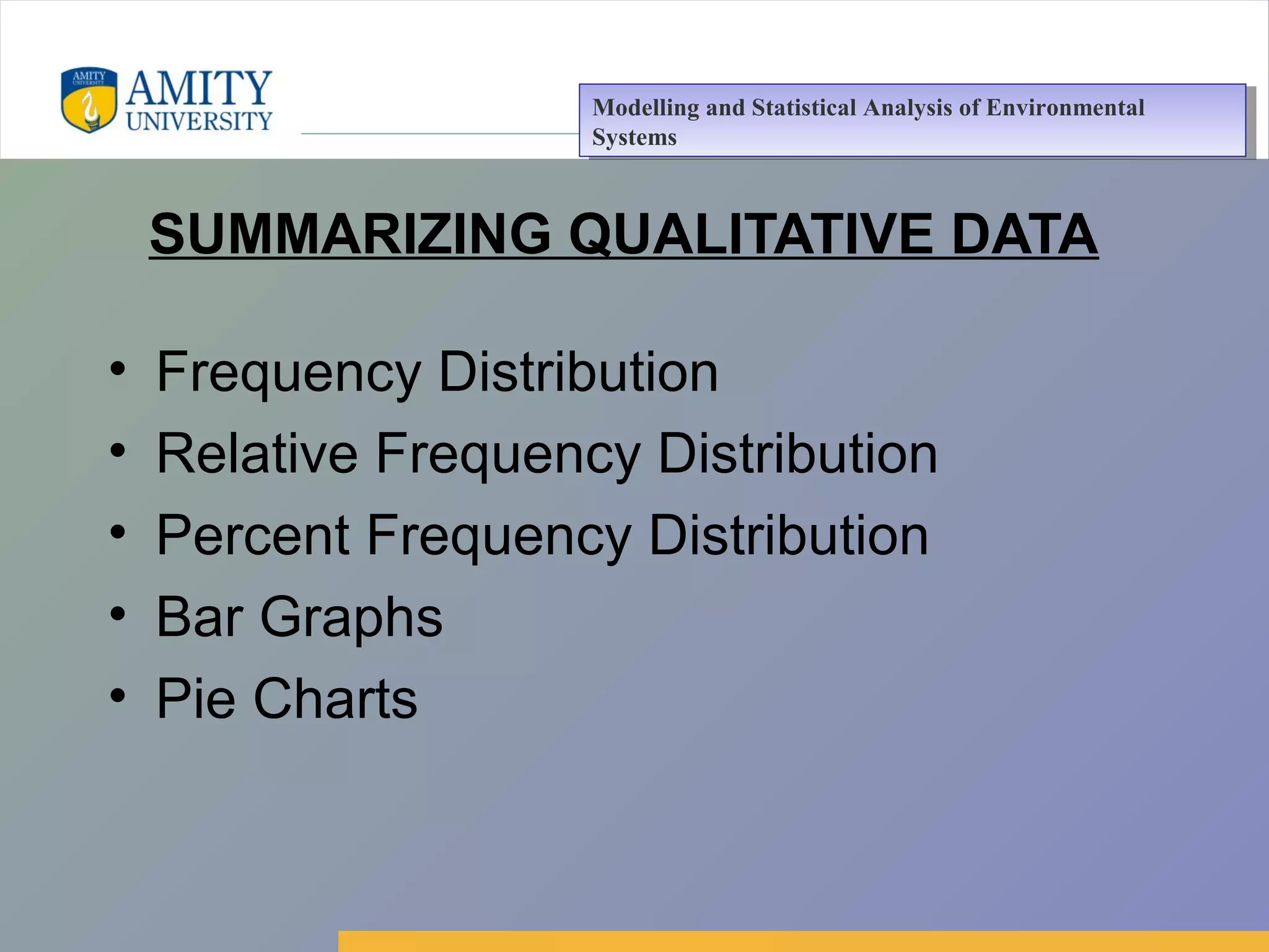 Amity Business School, Noida
SUMMARIZING QUALITATIVE DATA
• Frequency Distribution
• Relative Frequency Distribution
• Percent Frequency Distribution
• Bar Graphs
• Pie Charts
Modelling and Statistical Analysis of Environmental
Systems
Modelling and Statistical Analysis of Environmental
Systems
 