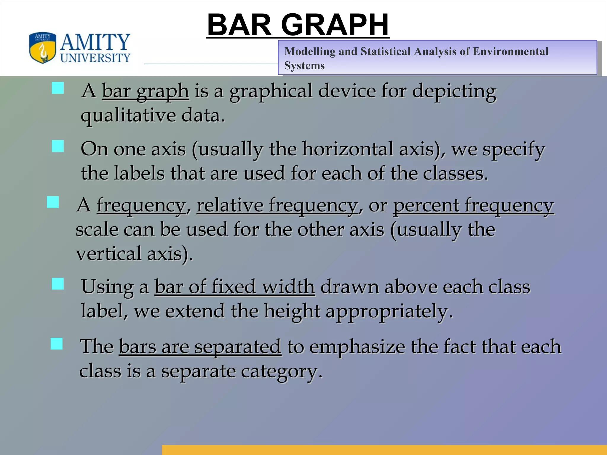 Amity Business School, Noida
BAR GRAPH
 AA bar graphbar graph is a graphical device for depictingis a graphical device for depicting
qualitative data.qualitative data.
 On one axis (usually the horizontal axis), we specifyOn one axis (usually the horizontal axis), we specify
the labels that are used for each of the classes.the labels that are used for each of the classes.
 AA frequencyfrequency,, relative frequencyrelative frequency, or, or percent frequencypercent frequency
scale can be used for the other axis (usually thescale can be used for the other axis (usually the
vertical axis).vertical axis).
 Using aUsing a bar of fixed widthbar of fixed width drawn above each classdrawn above each class
label, we extend the height appropriately.label, we extend the height appropriately.
 TheThe bars are separatedbars are separated to emphasize the fact that eachto emphasize the fact that each
class is a separate category.class is a separate category.
Modelling and Statistical Analysis of Environmental
Systems
Modelling and Statistical Analysis of Environmental
Systems
 