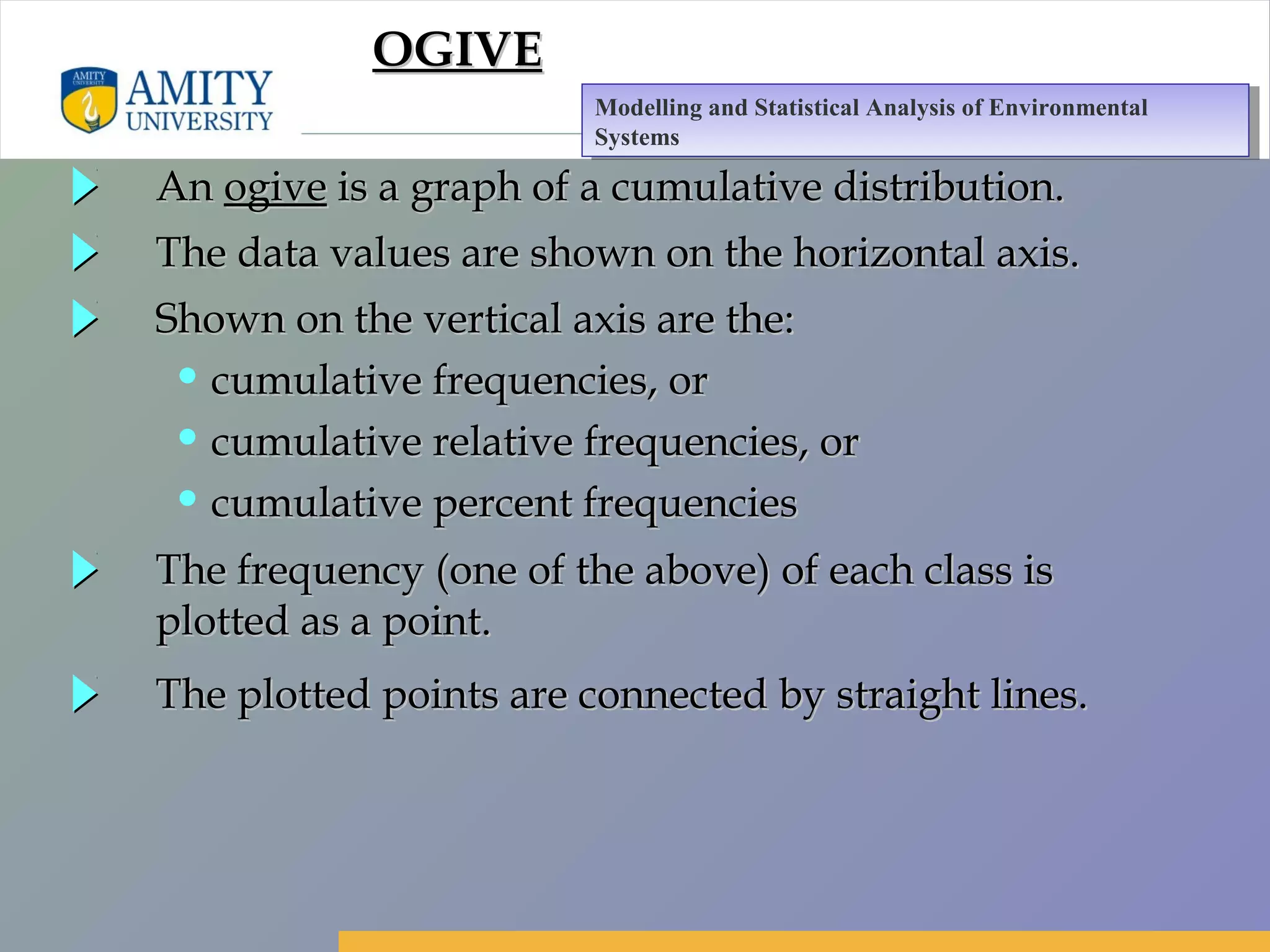 Amity Business School, Noida
OGIVEOGIVE
AnAn ogiveogive is a graph of a cumulative distribution.is a graph of a cumulative distribution.
The data values are shown on the horizontal axis.The data values are shown on the horizontal axis.
Shown on the vertical axis are the:Shown on the vertical axis are the:
• cumulative frequencies, orcumulative frequencies, or
• cumulative relative frequencies, orcumulative relative frequencies, or
• cumulative percent frequenciescumulative percent frequencies
The frequency (one of the above) of each class isThe frequency (one of the above) of each class is
plotted as a point.plotted as a point.
The plotted points are connected by straight lines.The plotted points are connected by straight lines.
Modelling and Statistical Analysis of Environmental
Systems
Modelling and Statistical Analysis of Environmental
Systems
 