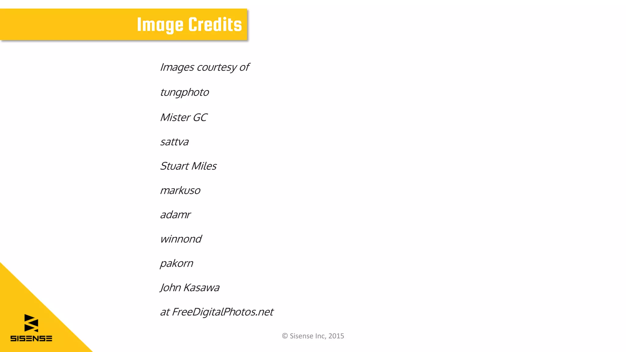 Image Credits
pakorn
Stuart Miles
winnond
adamr
sattva
markuso
Mister GC
John Kasawa
Images courtesy of
tungphoto
at FreeDigitalPhotos.net
© Sisense Inc, 2015
 