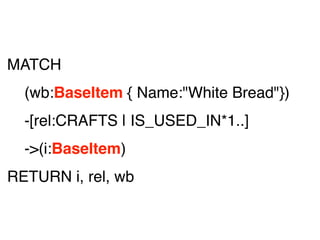 MATCH
(wb:BaseItem { Name:"White Bread"})
-[rel:CRAFTS | IS_USED_IN*1..]
->(i:BaseItem)
RETURN i, rel, wb
 