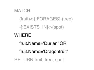 MATCH
(fruit)<-[:FORAGES]-(tree)
-[:EXISTS_IN]->(spot)
WHERE
fruit.Name=‘Durian’ OR
fruit.Name=‘Dragonfruit’
RETURN fruit, tree, spot
 