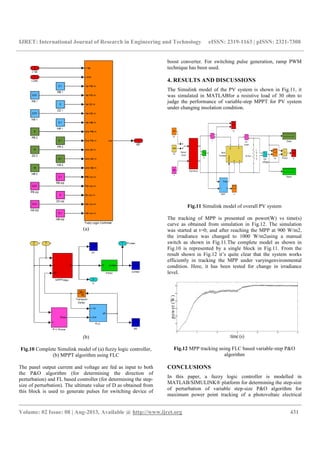 IJRET: International Journal of Research in Engineering and Technology eISSN: 2319-1163 | pISSN: 2321-7308
__________________________________________________________________________________________
Volume: 02 Issue: 08 | Aug-2013, Available @ http://www.ijret.org 431
(a)
(b)
Fig.10 Complete Simulink model of (a) fuzzy logic controller,
(b) MPPT algorithm using FLC
The panel output current and voltage are fed as input to both
the P&O algorithm (for determining the direction of
perturbation) and FL based controller (for determining the step-
size of perturbation). The ultimate value of D as obtained from
this block is used to generate pulses for switching device of
boost converter. For switching pulse generation, ramp PWM
technique has been used.
4. RESULTS AND DISCUSSIONS
The Simulink model of the PV system is shown in Fig.11, it
was simulated in MATLABfor a resistive load of 30 ohm to
judge the performance of variable-step MPPT for PV system
under changing insolation condition.
Fig.11 Simulink model of overall PV system
The tracking of MPP is presented on power(W) vs time(s)
curve as obtained from simulation in Fig.12. The simulation
was started at t=0; and after reaching the MPP at 900 W/m2,
the irradiance was changed to 1000 W/m2using a manual
switch as shown in Fig.11.The complete model as shown in
Fig.10 is represented by a single block in Fig.11. From the
result shown in Fig.12 it’s quite clear that the system works
efficiently in tracking the MPP under varyingenvironmental
condition. Here, it has been tested for change in irradiance
level.
Fig.12 MPP tracking using FLC based variable-step P&O
algorithm
CONCLUSIONS
In this paper, a fuzzy logic controller is modelled in
MATLAB/SIMULINK® platform for determining the step-size
of perturbation of variable step-size P&O algorithm for
maximum power point tracking of a photovoltaic electrical
0 5 10 15 20 25 30
0
10
20
30
40
50
60
time (s)
power(W)
 