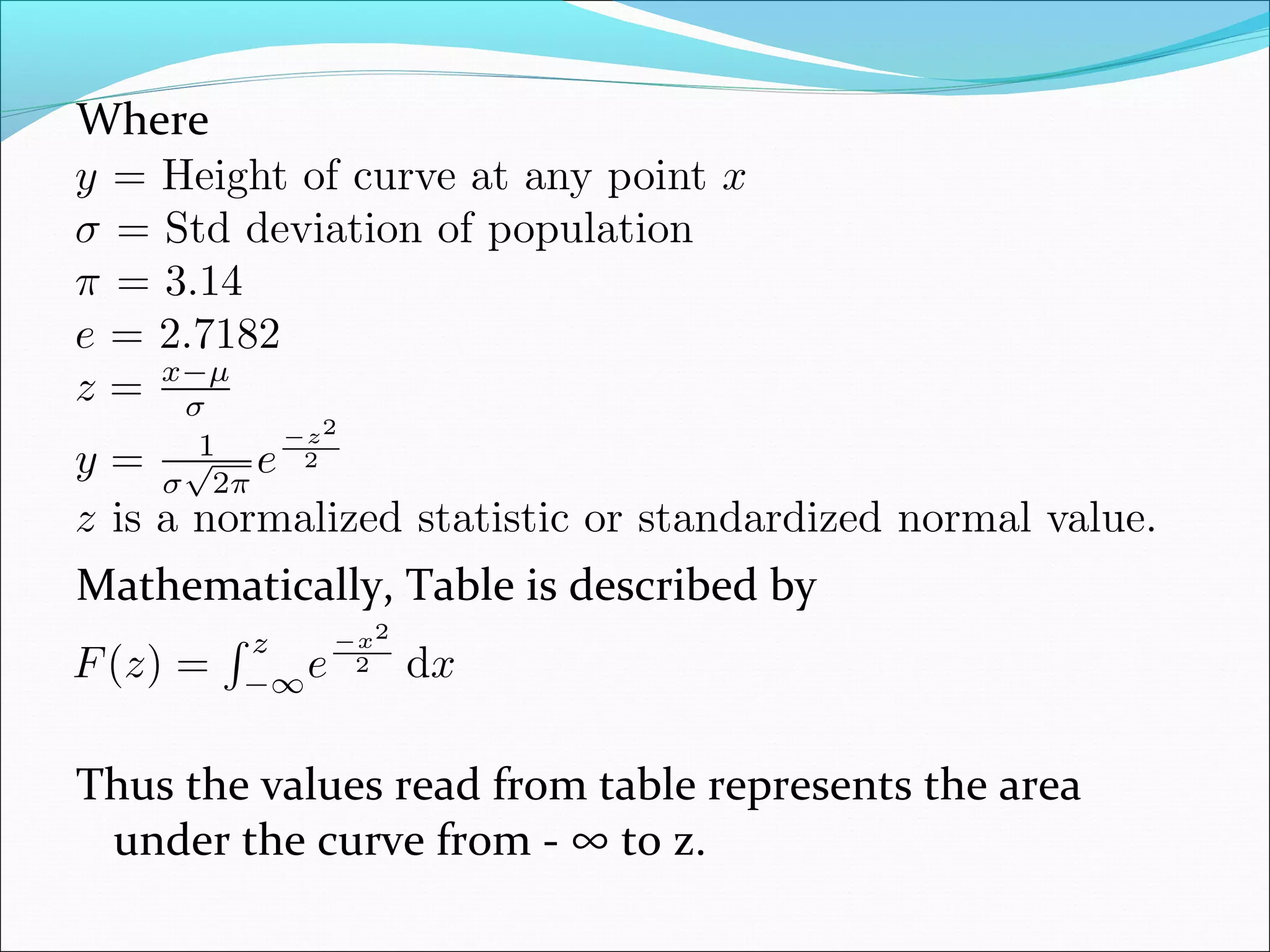 Where

Mathematically, Table is described by

Thus the values read from table represents the area
under the curve from - ∞ to z.

 