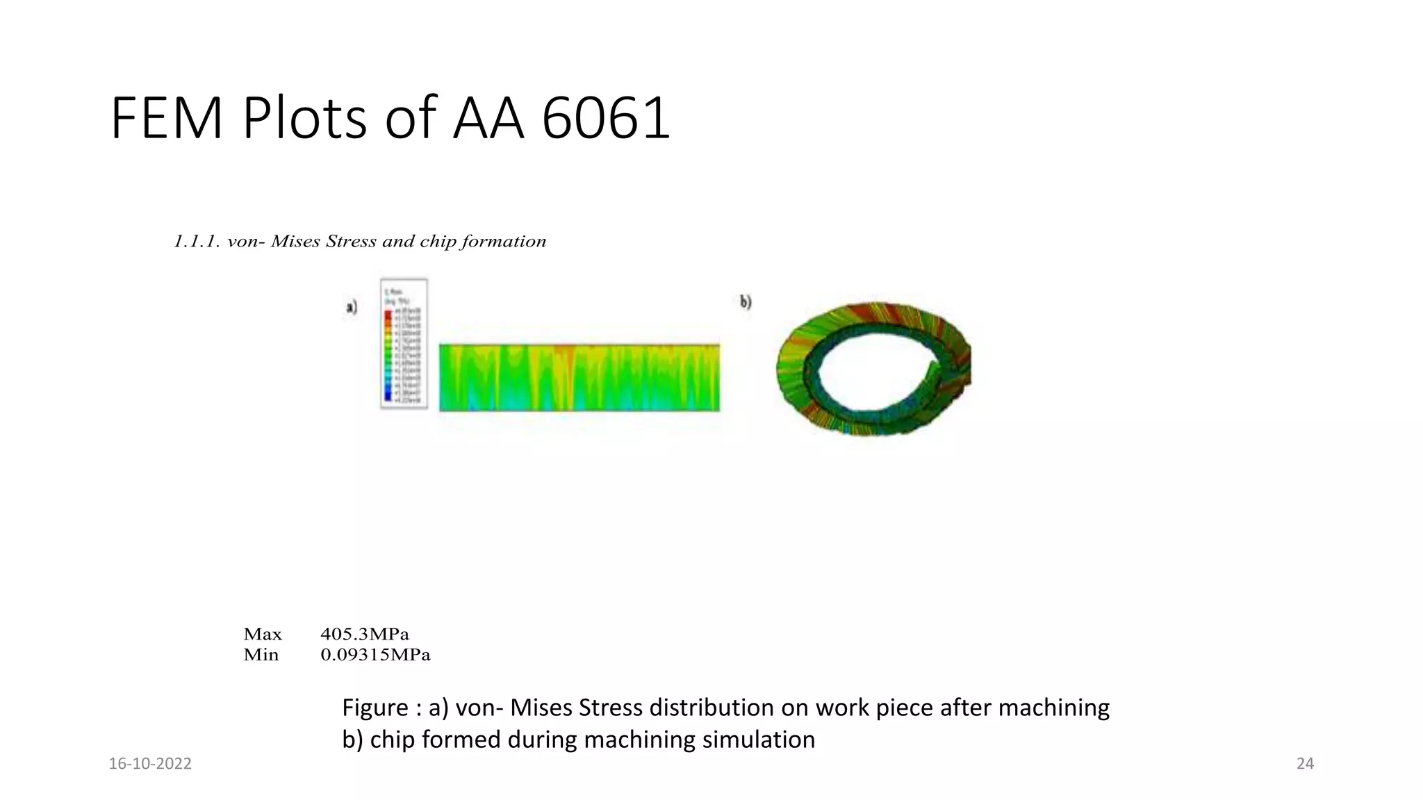 FEM Plots of AA 6061
1.1.1. von- Mises Stress and chip formation
Max 405.3MPa
Min 0.09315MPa
Figure : a) von- Mises Stress distribution on work piece after machining
b) chip formed during machining simulation
16-10-2022 24
 