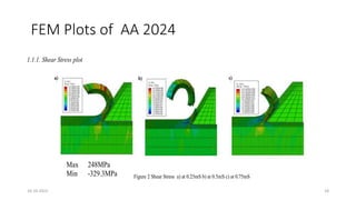 FEM Plots of AA 2024
1.1.1. Shear Stress plot
Figure 1: Temperature a) at 0.25mS b) at 0.5mS c) at 0.75mS
Figure 2 Shear Stress a) at 0.25mS b) at 0.5mS c) at 0.75mS
Max 248MPa
Min -329.3MPa
16-10-2022 18
 