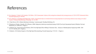 References
28. B. de Agustina, C. Bernal, A.M. Camacho, E.M. Rubio, ( 2013) Experimental Analysis of the cutting forces obtained in dry turning processes of UNS A 97075 Aluminium Alloys,
Procedia Engineering, 63: 694-699.
29. Q.Yu, Shuncai Li, Xin Zhang and Minghui Shao, (2019) “ Experimental study on correlation between turning temperature rise and turning vibration in dry turning on Al alloy”,
Journal of Advanced Manufacturing Technology, 103: 453-469.
30. J. Paulo Davim, (2011), Modern Machining Technology- A practical guide, Woodhead Publishing, UK.
31. P.Dumitrescu, P.Koshy, J.Stenekes, M.A.Elbestawi, (2006) High-power diode laser assisted hard turning of AISI D2 tool steel, International Journal of Machine Tools and
Manufacture, 46: 2009-2016. ( Negative )
32. S Jahanmir, M J. Tomaszewski and H Heshmat, (2018) Ultra High-Speed Micro-Milling of Aluminum Alloy , Advances in Multidisciplinary Engineering-ASME , DOI:
10.1115/1.861080_ch18. ( Negative )
33. S Jahanmir, ( 2011)Surface Integrity in Ultra High Speed Micromachining, Procedia Engineering, 19:156-161. ( Negative ).
16-10-2022 39
 