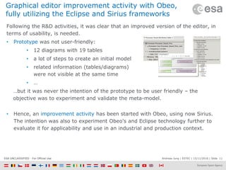 Andreas Jung | ESTEC | 15/11/2016 | Slide 11ESA UNCLASSIFIED - For Official Use
Graphical editor improvement activity with Obeo,
fully utilizing the Eclipse and Sirius frameworks
Following the R&D activities, it was clear that an improved version of the editor, in
terms of usability, is needed.
• Prototype was not user-friendly:
• 12 diagrams with 19 tables
• a lot of steps to create an initial model
• related information (tables/diagrams)
were not visible at the same time
• …
…but it was never the intention of the prototype to be user friendly – the
objective was to experiment and validate the meta-model.
• Hence, an improvement activity has been started with Obeo, using now Sirius.
The intention was also to experiment Obeo's and Eclipse technology further to
evaluate it for applicability and use in an industrial and production context.
 