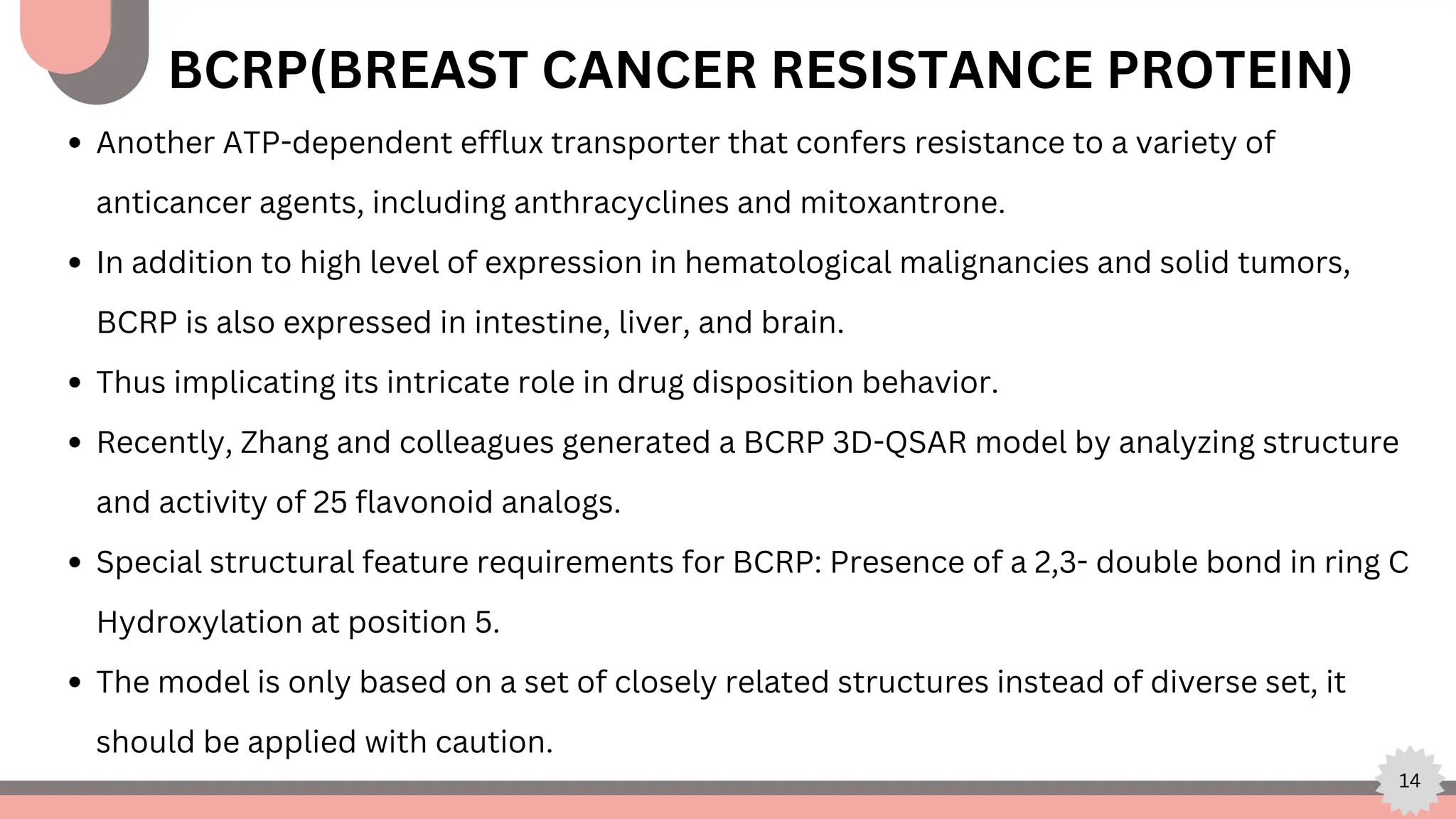 14
BCRP(BREAST CANCER RESISTANCE PROTEIN)
Another ATP-dependent efflux transporter that confers resistance to a variety of
anticancer agents, including anthracyclines and mitoxantrone.
In addition to high level of expression in hematological malignancies and solid tumors,
BCRP is also expressed in intestine, liver, and brain.
Thus implicating its intricate role in drug disposition behavior.
Recently, Zhang and colleagues generated a BCRP 3D-QSAR model by analyzing structure
and activity of 25 flavonoid analogs.
Special structural feature requirements for BCRP: Presence of a 2,3- double bond in ring C
Hydroxylation at position 5.
The model is only based on a set of closely related structures instead of diverse set, it
should be applied with caution.
 