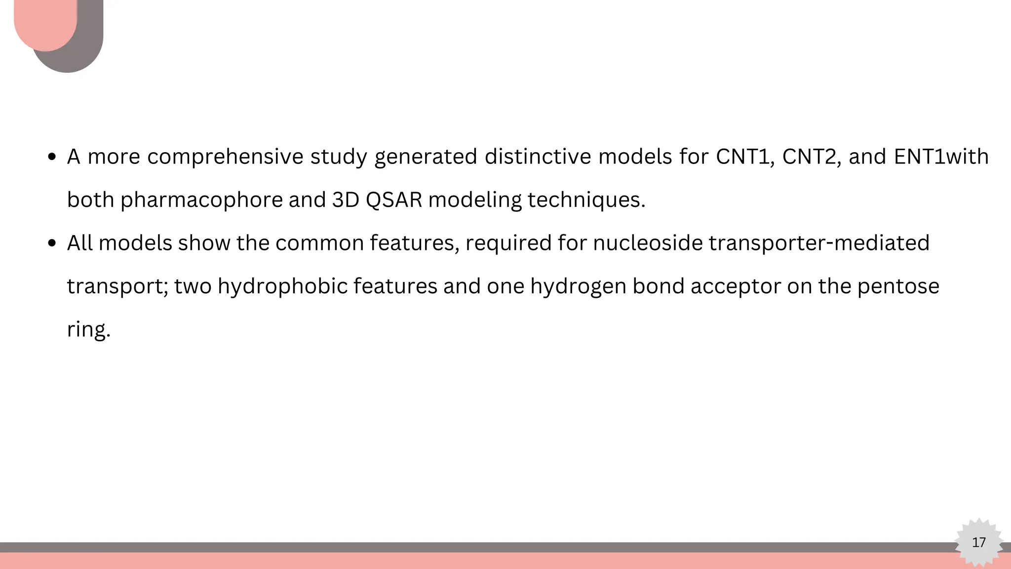 17
A more comprehensive study generated distinctive models for CNT1, CNT2, and ENT1with
both pharmacophore and 3D QSAR modeling techniques.
All models show the common features, required for nucleoside transporter-mediated
transport; two hydrophobic features and one hydrogen bond acceptor on the pentose
ring.
 