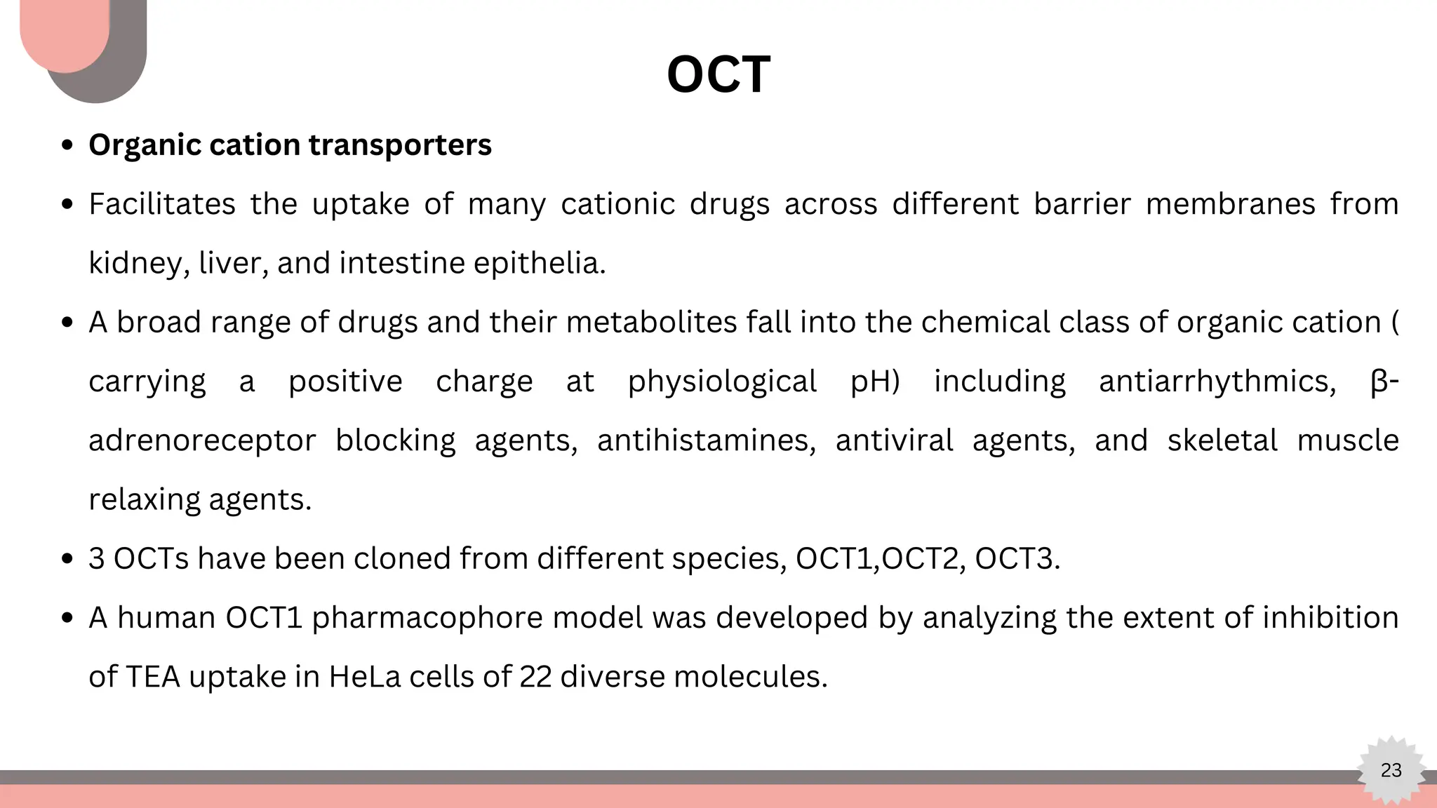 23
OCT
Organic cation transporters
Facilitates the uptake of many cationic drugs across different barrier membranes from
kidney, liver, and intestine epithelia.
A broad range of drugs and their metabolites fall into the chemical class of organic cation (
carrying a positive charge at physiological pH) including antiarrhythmics, β-
adrenoreceptor blocking agents, antihistamines, antiviral agents, and skeletal muscle
relaxing agents.
3 OCTs have been cloned from different species, OCT1,OCT2, OCT3.
A human OCT1 pharmacophore model was developed by analyzing the extent of inhibition
of TEA uptake in HeLa cells of 22 diverse molecules.
 