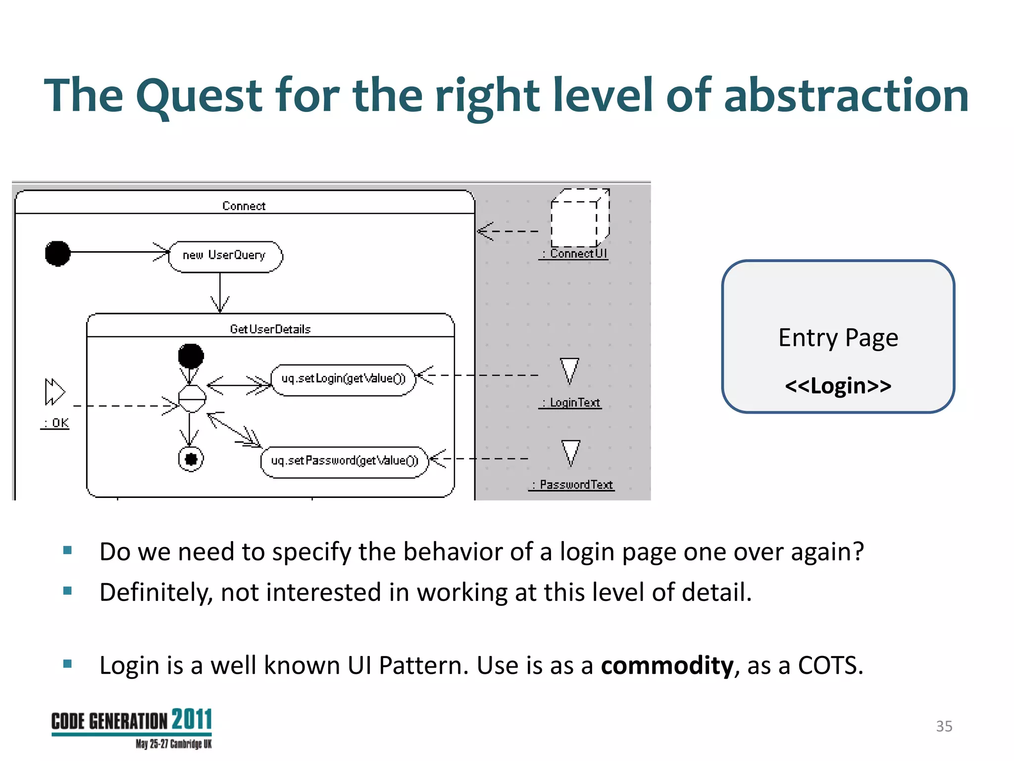 The Quest for the right level of abstraction



                                                             Entry Page
                                                              <<Login>>




 Do we need to specify the behavior of a login page one over again?
 Definitely, not interested in working at this level of detail.

 Login is a well known UI Pattern. Use is as a commodity, as a COTS.

                                                                          35
 