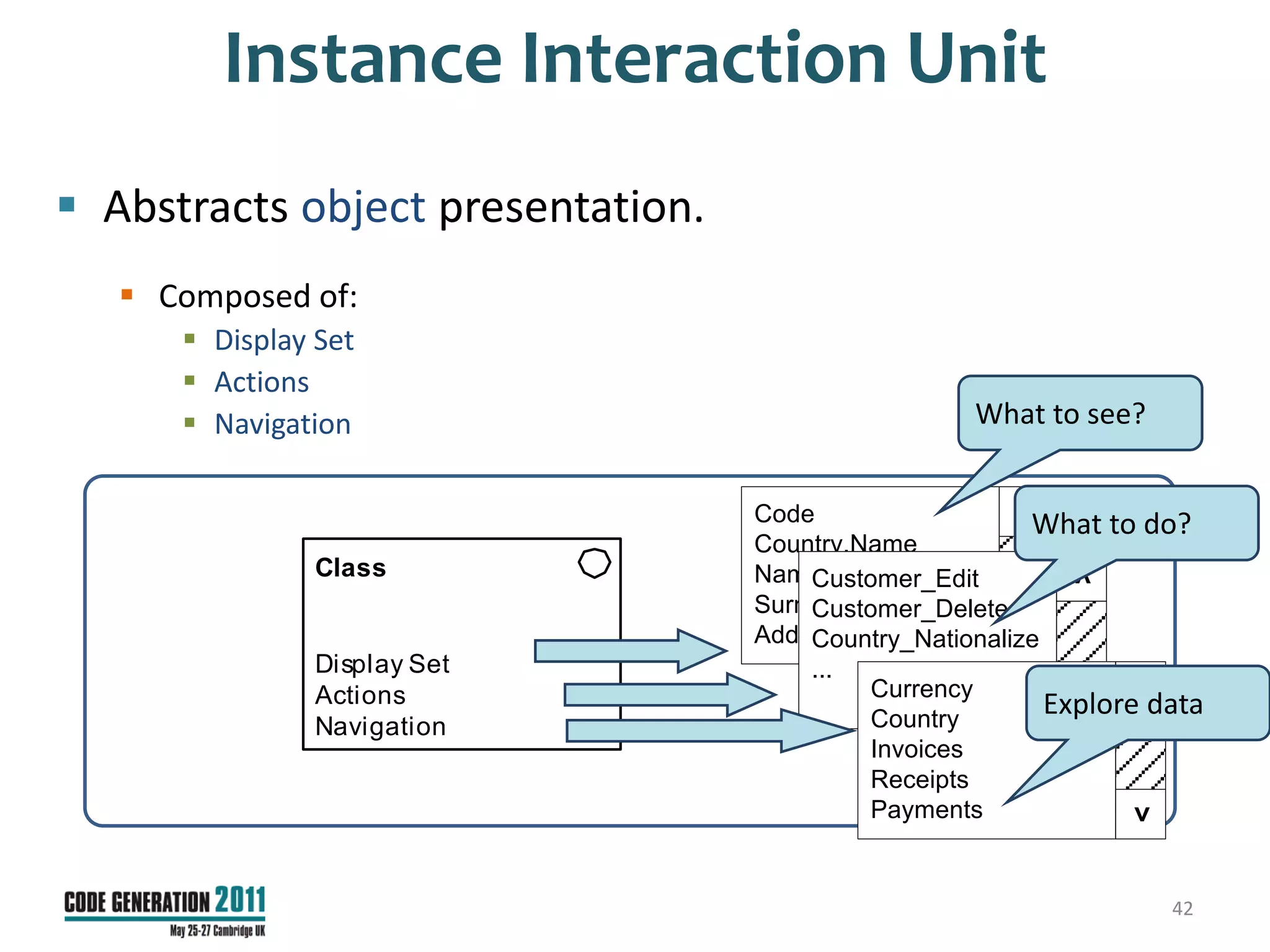 Instance Interaction Unit
 Abstracts object presentation.
    Composed of:
       Display Set
       Actions
       Navigation                                  What to see?




                                                       <
                                   Code                  What to do?
                                   Country.Name
                Class              Name




                                                            <
                                       Customer_Edit
                                   Surname
                                       Customer_Delete
                                   Address.Street
                                       Country_Nationalize




                                                       >
                Display Set            ...




                                                                <
                Actions                     Currency
                                                           Explore data




                                                            >
                Navigation                  Country
                                            Invoices
                                            Receipts
                                            Payments




                                                                >
                                                                    42
 