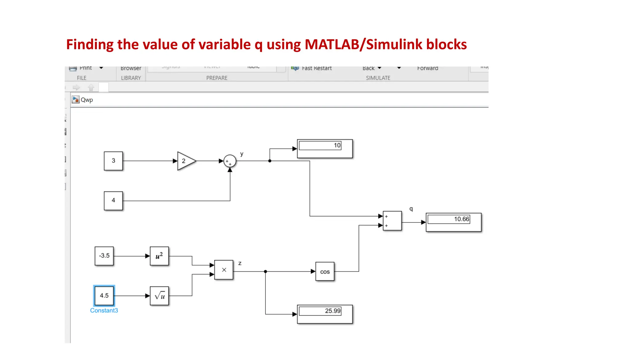 Finding the value of variable q using MATLAB/Simulink blocks
 