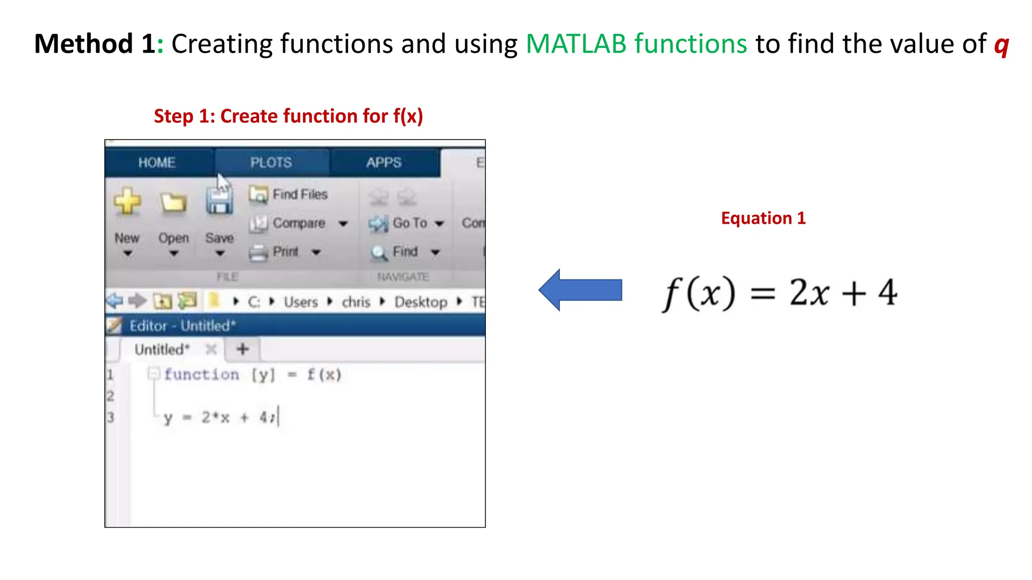 Step 1: Create function for f(x)
Method 1: Creating functions and using MATLAB functions to find the value of q
Equation 1
 