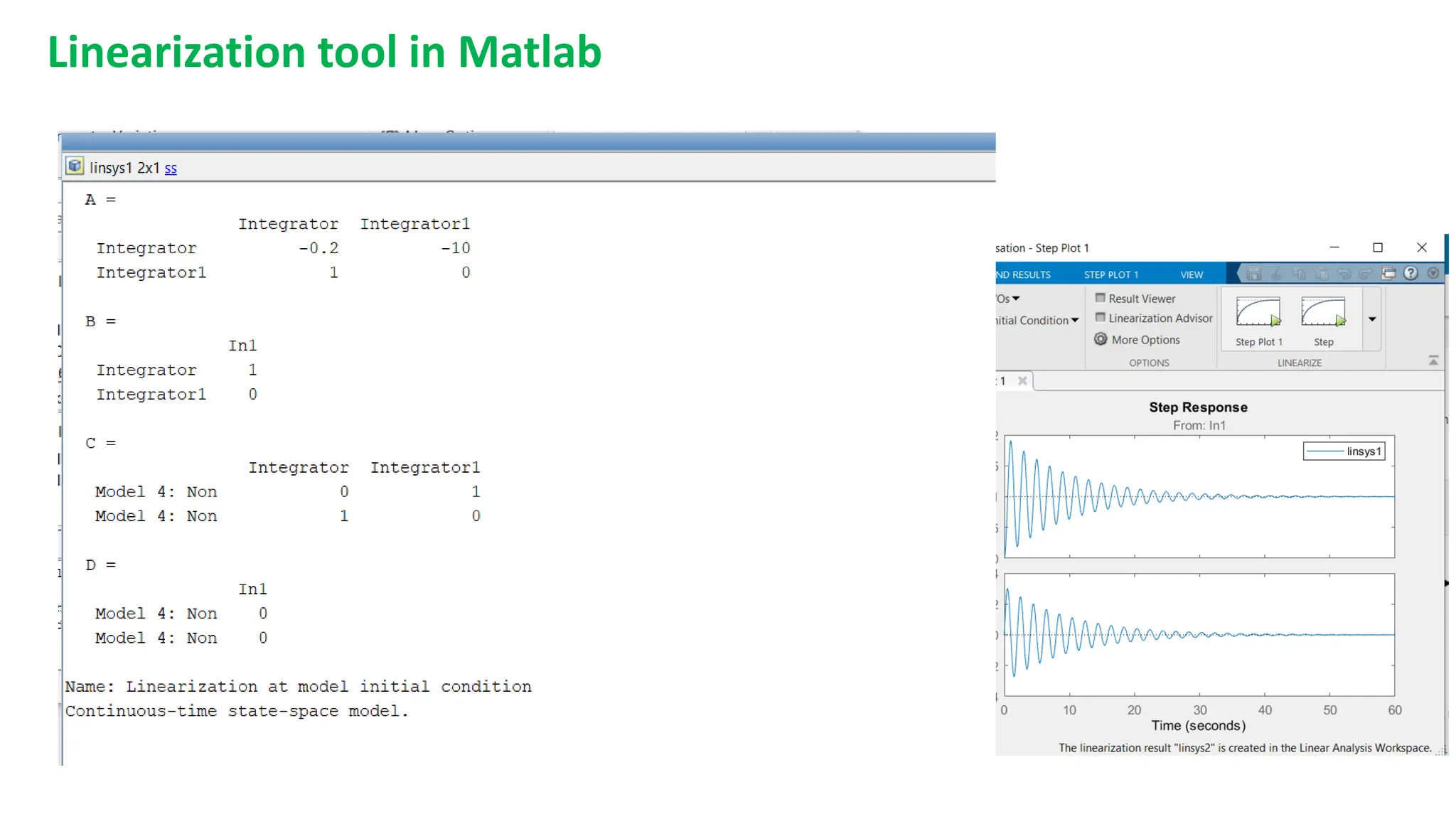 Linearization tool in Matlab
• Click on Step plot 1
• The steady-state model will
appear in the Linear Analysis
Workspace
• Double click on ‘linsys1’
 