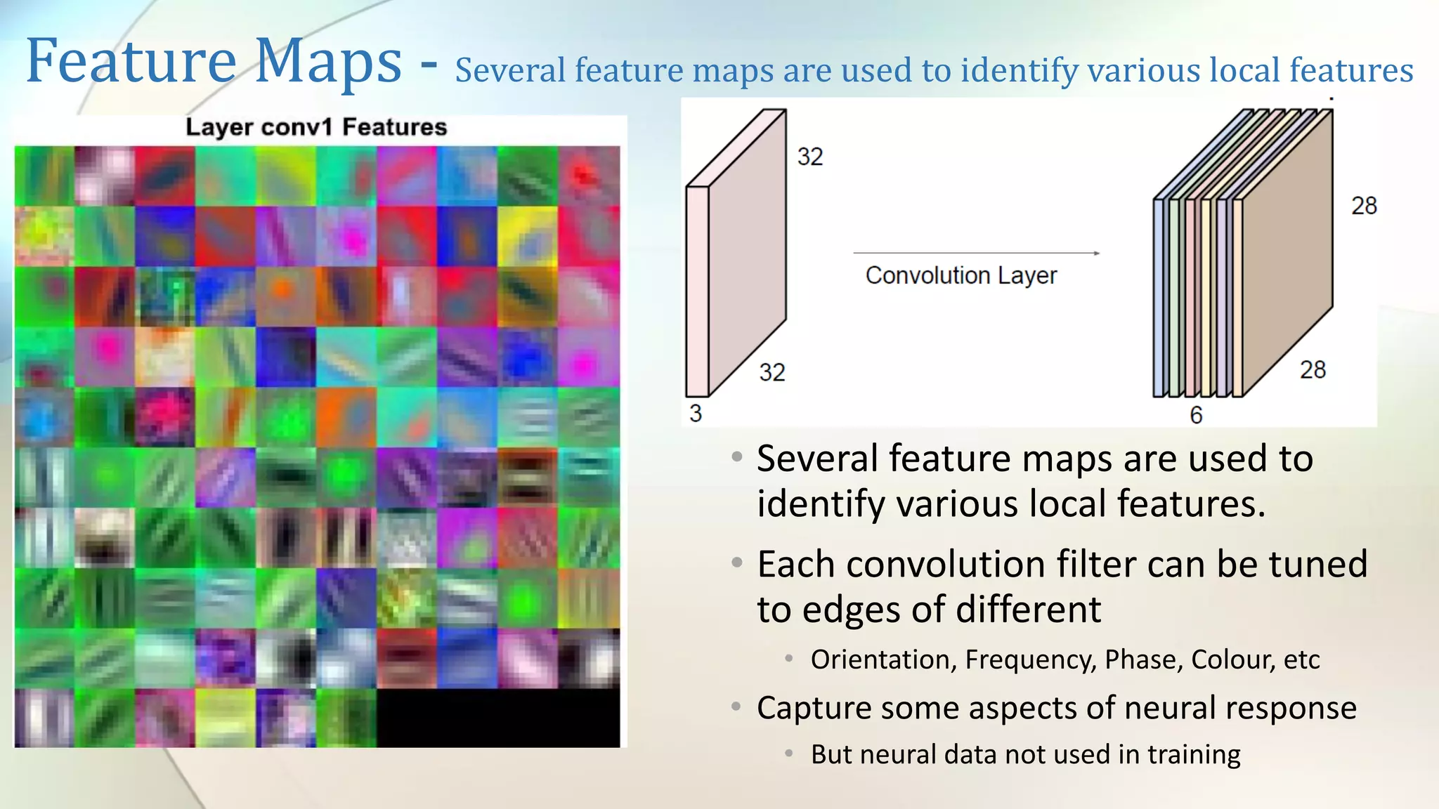 Feature Maps - Several feature maps are used to identify various local features
• Several feature maps are used to
identify various local features.
• Each convolution filter can be tuned
to edges of different
• Orientation, Frequency, Phase, Colour, etc
• Capture some aspects of neural response
• But neural data not used in training
 