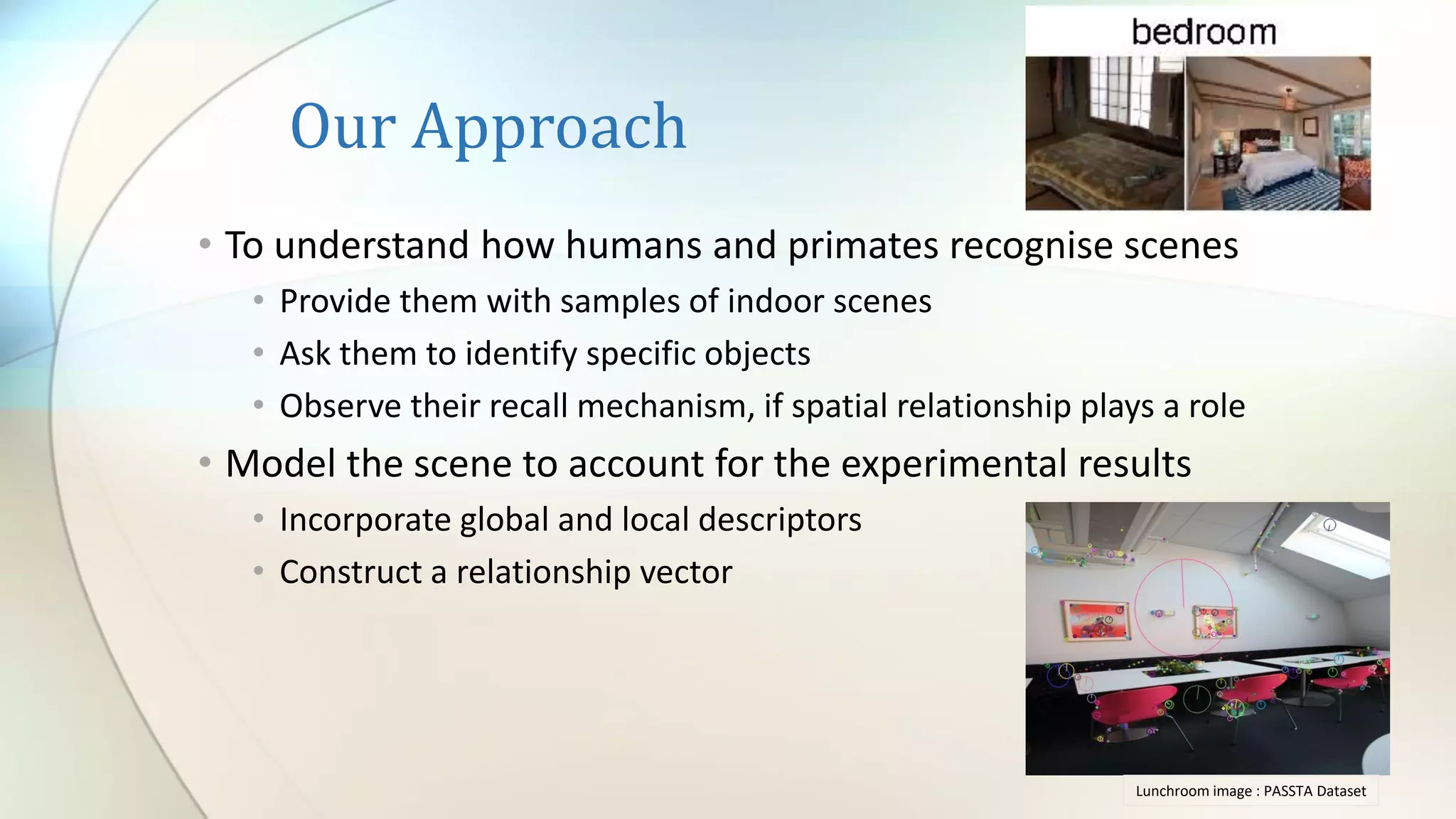 Our Approach
• To understand how humans and primates recognise scenes
• Provide them with samples of indoor scenes
• Ask them to identify specific objects
• Observe their recall mechanism, if spatial relationship plays a role
• Model the scene to account for the experimental results
• Incorporate global and local descriptors
• Construct a relationship vector
Lunchroom image : PASSTA Dataset
 