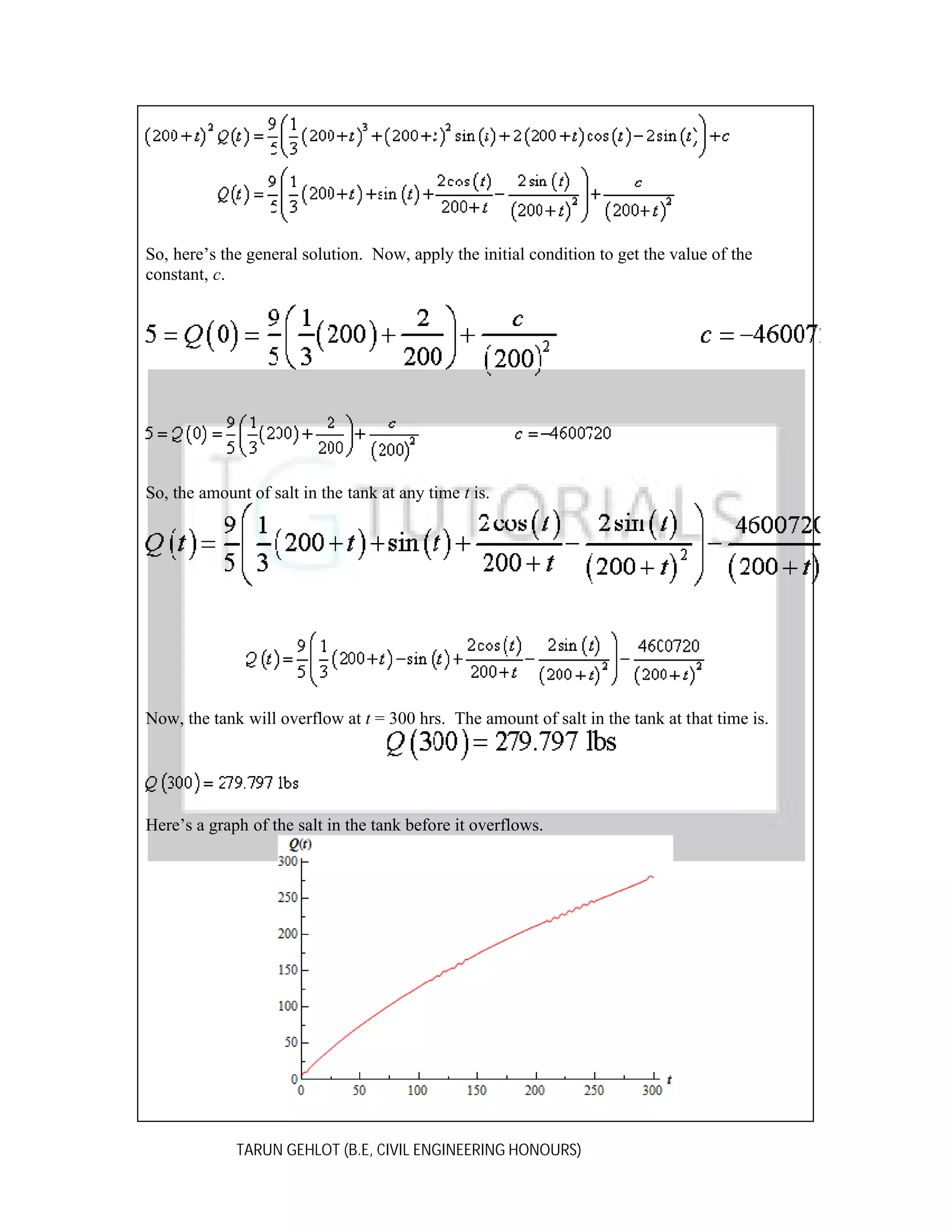 So, here’s the general solution. Now, apply the initial condition to get the value of the
constant, c.

So, the amount of salt in the tank at any time t is.

Now, the tank will overflow at t = 300 hrs. The amount of salt in the tank at that time is.

Here’s a graph of the salt in the tank before it overflows.

TARUN GEHLOT (B.E, CIVIL ENGINEERING HONOURS)

 